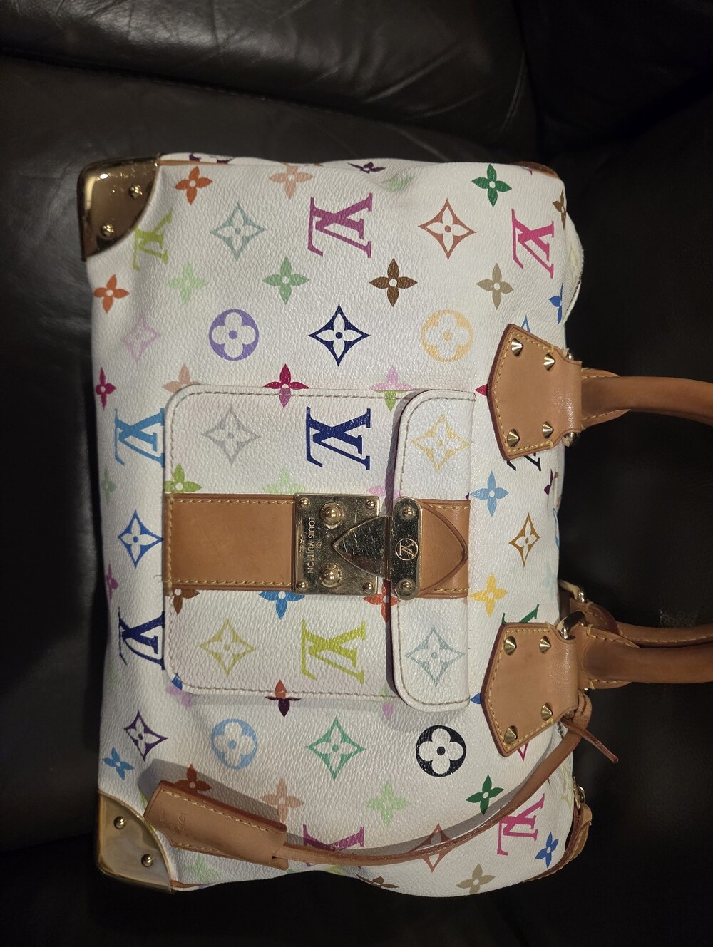 Louis Vuitton White Multicolor Monogram Satchel with Tan Trim